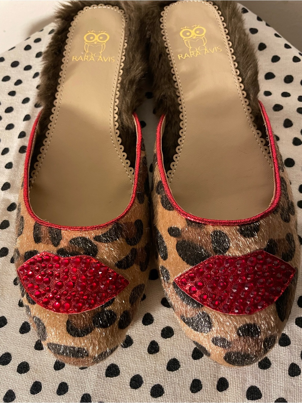 Rara Avis Leopard-Print Slip-On Mules with Red Crystal Lip Detail